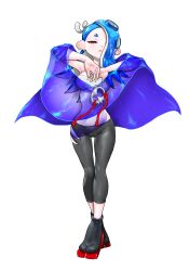  1girl blue_hair cameltoe capelet chest_sarashi ear_piercing facing_viewer full_body geta gluteal_fold hair_over_one_eye koharu2.5 looking_at_viewer makeup mascara nintendo octoling_player_character pants parted_lips piercing pointy_ears sarashi see-through shiver_(splatoon) socks solo splatoon_(series) splatoon_3 standing tentacle_hair torn_clothes torn_pants white_background 