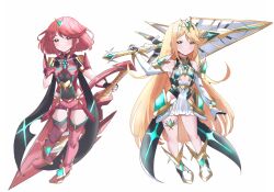  2girls aged_down blonde_hair blush child flat_chest highres holding holding_weapon juneplums long_hair looking_at_viewer multiple_girls mythra_(xenoblade) pyra_(xenoblade) red_eyes red_hair short_hair simple_background smile sword weapon white_background xenoblade_chronicles_(series) xenoblade_chronicles_2 yellow_eyes 