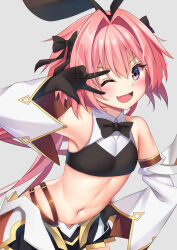  1boy animal_ears astolfo_(fate) astolfo_(saber)_(fate) bare_shoulders black_bow black_bowtie black_gloves black_ribbon blush bow bowtie crop_top fake_animal_ears fang fate/grand_order fate_(series) gloves grey_background hair_between_eyes hair_bow hair_intakes highres ikazu401 long_hair looking_at_viewer male_focus midriff multicolored_hair navel one_eye_closed open_mouth pink_hair purple_eyes rabbit_ears ribbon skin_fang smile solo streaked_hair trap twintails two-tone_hair v_over_eye white_hair 