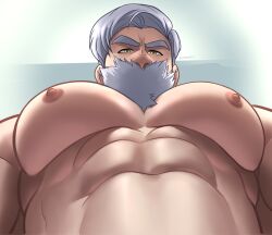  1boy abs bara beard_over_mouth creatures_(company) drayden_(pokemon) foreshortening from_below game_freak grey_hair highres huge_pectorals lamasart looking_at_viewer looking_down male_focus meme muscular muscular_male nintendo nipples nude photo-referenced pokemon pokemon_bw short_hair solo thick_eyebrows upper_body white_hair yur_oc_like_this_(meme) 