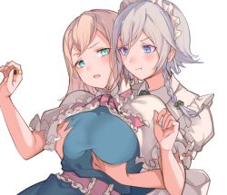 2girls :t alice_margatroid apron aqua_eyes back_bow blonde_hair blue_dress blue_eyes blush bow braid breast_conscious grabbing_another&#039;s_breast breasts capelet closed_mouth commentary_request dress eyelashes frilled_capelet frilled_hairband frills grabbing grabbing_from_behind green_ribbon hair_ribbon hairband izayoi_sakuya large_breasts lolita_hairband maid maid_apron maid_headdress multiple_girls open_mouth pout puffy_short_sleeves puffy_sleeves red_hairband ribbon sash short_hair short_sleeves sidelocks silver_hair simple_background soku_(bluerule-graypray) standing sweatdrop touhou tress_ribbon twin_braids white_background white_capelet white_sash wing_collar yuri rating:Sensitive score:22 user:danbooru