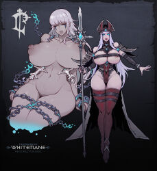  1girl absurdres armor axe bikini_armor boots breasts chain garter_straps glowing glowing_clothes glowing_eyes high_heel_boots high_heels highleg highres huge_breasts l_axe leotard nipples nude puffy_nipples sally_whitemane staff thighhighs warcraft white_hair wizard world_of_warcraft 