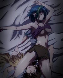  10s 1boy 2girls asia_argento bed blonde_hair blue_hair breasts closed_eyes high_school_dxd highres hyoudou_issei large_breasts lying multiple_girls nipples sleeping stitched third-party_edit xenovia_quarta  rating:Questionable score:39 user:arutos