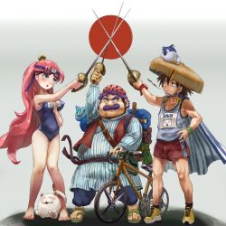  1girl 2boys asuka_(fuurai_no_shiren) barefoot between_breasts bicycle breasts brown_hair cape cat chunsoft crossed_swords crossover dragon_quest dragon_quest_iv enix facial_hair fuurai_no_shiren goggles goggles_on_head hand_on_own_hip hat headband helmet japan katsuma_(perestronica) mouth_hold multiple_boys mustache name_tag one-piece_swimsuit pink_hair ponytail purple_hair rapier red_sun sandogasa school_swimsuit shiren shiren_(fuurai_no_shiren) shoes slime_(creature) slime_(dragon_quest) sneakers square_enix stalk_in_mouth swimsuit sword torneko torneko_no_daibouken torneko_taloon weapon 