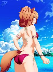 1girl absurdres animal_ears ass bare_arms bare_back bare_shoulders benjoerres bikini blush breasts brown_hair butt_crack cloud commentary day derivative_work english_commentary highres huge_filesize long_hair medium_breasts outdoors ponytail purple_eyes raccoon_ears raccoon_girl raccoon_tail raphtalia red_bikini shugo19 smile solo standing swimsuit tail tate_no_yuusha_no_nariagari water rating:Sensitive score:109 user:danbooru
