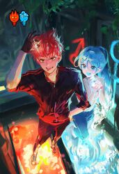  1boy 1girl arm_up black_eyes black_gloves black_jacket black_pants blue_eyes blue_hair colored_sclera fire fireboy fireboy_and_watergirl full_body gloves high_ponytail highres jacket liquid_clothes liquid_hair long_hair long_sleeves mars_symbol open_mouth pants pinching red_hair smile standing standing_on_liquid sycisycii venus_symbol very_long_hair watergirl yellow_sclera 