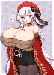  1girl azur_lane bare_shoulders belfast_(azur_lane) belfast_(shopping_with_the_head_maid)_(azur_lane) between_breasts blue_eyes blush breast_expansion breasts choker cleavage collarbone cowboy_shot dadadanoda food food_on_body food_on_breasts hat highres huge_breasts long_hair looking_at_viewer nail_polish pantyhose pencil_skirt pocky red_hat skirt solo sweater very_long_hair white_hair  rating:Sensitive score:50 user:danbooru