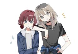  2girls black_choker black_shirt blue_eyes blue_jacket blush brown_hair choker clothes_around_waist commentary girls_band_cry grey_eyes grey_hair hashtag-only_commentary head_tilt highres iseri_nina jacket jacket_around_waist kawaragi_momoka kongyin525 leaning_on_person long_sleeves looking_at_viewer low_twintails medium_hair multiple_girls open_clothes open_jacket open_mouth shirt short_hair short_sleeves short_twintails simple_background sleeves_past_wrists smile twintails white_background white_shirt 