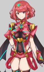  1girl absurdres armor bad_id bad_twitter_id bare_shoulders breasts chest_jewel covered_navel earrings fingerless_gloves gem gloves grey_background hair_ornament headpiece highres jewelry large_breasts legs looking_at_viewer nintendo pyra_(xenoblade) red_eyes red_hair red_shorts red_thighhighs short_hair short_shorts shorts shoulder_armor simple_background smile solo swept_bangs thighhighs thighs tiara xenoblade_chronicles_(series) xenoblade_chronicles_2  rating:Sensitive score:10 user:akenator2