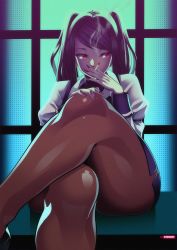  1girl black_hair cigarette commentary_request copyright_name crossed_legs highres jill_stingray legs long_hair nail_polish pantyhose red_eyes signature sitting skirt smoking solo steve_chopz textless_version thick_thighs thighs twintails va-11_hall-a  rating:Questionable score:120 user:danbooru