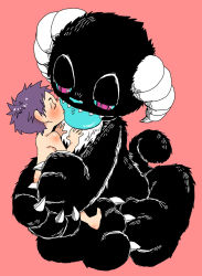 1boy animal_hands blush cat_tail claws closed_eyes colorized furry furry_male holding horns hug kiss licking looking_down looking_forward male_focus mappira monster nude open_mouth original pink_eyes purple_eyes purple_hair red_eyes sharp_teeth short_hair shota simple_background sitting sitting_on_lap sitting_on_person size_difference smile squinting tail teeth tongue tongue_out rating:Explicit score:9 user:crocodisle