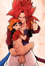  1boy 1girl age_difference ass ass_grab bandana black_gloves black_hair blue_eyes closed_mouth clothed_sex cowboy_shot crop_top dragon_ball dragon_ball_gt fingerless_gloves gloves gogeta grandfather_and_granddaughter hand_on_another&#039;s_chest held_up highres incest leg_lock loli loodncrood looking_at_viewer looking_back motion_blur open_mouth orange_bandana pan_(dragon_ball) penis red_hair red_shirt sash shirt short_hair smile spiked_hair super_saiyan super_saiyan_4 suspended_congress suspenders teeth thighs thumbs_up tongue vest wristband  rating:Explicit score:294 user:danbooru