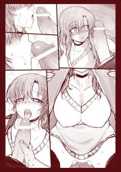  1girl bar_censor blush bottomless breasts censored comic fellatio greyscale large_breasts monochrome null_(nyanpyoun) oral penis penis_awe pussy_juice pussy_juice_trail sweat tagme thighhighs  rating:Explicit score:91 user:KawaiiDestro