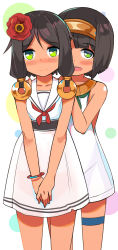 2girls :d absurdres bare_arms bare_shoulders blush brown_hair closed_mouth collarbone dress flower green_eyes hair_between_eyes hair_flower hair_ornament hairband hands_on_another&#039;s_shoulders highres long_hair multiple_girls neckerchief nose_blush open_mouth original pleated_skirt red_flower red_neckerchief round_teeth sailor_collar sailor_dress skirt smile surio teeth thigh_strap upper_teeth_only usekh_collar white_dress white_sailor_collar rating:Sensitive score:17 user:danbooru