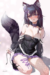  1girl absurdres animal_ear_fluff animal_ears bare_shoulders black_hair blush breasts cat_ears cat_girl cat_tail commission detached_collar double_strap_slip hair_ribbon highres invisible_chair kanfi large_breasts long_hair looking_at_viewer original purple_eyes purple_nails ribbon see-through see-through_sleeves sitting solo tail tail_ornament tail_ribbon 