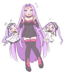  3girls anko_omotimoti blush boots chibi dress euryale_(fate) facial_mark fate/hollow_ataraxia fate/stay_night fate_(series) forehead_mark full_body hairband highres lolita_hairband long_hair medusa_(fate) medusa_(rider)_(fate) multiple_girls purple_eyes purple_hair siblings sisters stheno_(fate) tearing_up thigh_boots thighhighs twins twintails very_long_hair white_dress zettai_ryouiki 