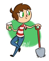 1boy animal_crossing camisadorush coffee cup green_background holding holding_cup holding_shovel looking_to_the_side male_focus nintendo red_shirt shirt shovel standing standing_on_one_leg striped_clothes striped_shirt villager_(animal_crossing) white_background