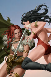  2girls armor bikini_armor black_footwear black_hair blue_background breasts brown_gloves cape collar crossover earrings fur-trimmed_cape fur_trim gloves gold_bracelet gradient_background green_cape highres holding holding_sword holding_weapon jewelry large_breasts long_hair looking_at_another multiple_girls one-piece_swimsuit red_hair red_nails red_one-piece_swimsuit red_sonja red_sonja_(comics) swimsuit sword vampirella vampirella_(character) weapon white_collar white_footwear yoon_junggeun 