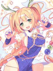 1girl :d absurdres antlers blonde_hair blue_nails breasts china_dress chinese_clothes claw_pose cowboy_shot dress facing_viewer fang female_focus green_eyes happy highres horns large_breasts looking_at_another open_mouth revealing_clothes shiny_skin skin_fang smile solo solo_focus standing upper_body