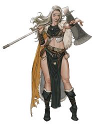  1girl angry_smile axe belt boots bracelet breasts buckle cape facial_mark full_body holding holding_weapon huge_weapon jewelry leather long_hair medium_breasts navel necklace original pointing smile tahra warrior weapon white_background white_hair 