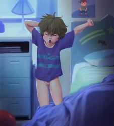 1boy bare_legs bedroom blanket bottomless brown_hair bulge closed_eyes collarbone erection erection_under_clothes fanbox_reward highres lunaflame male_focus naked_shirt original paid_reward paid_reward_available shirt shota stretching testicles thighs yawning  rating:Explicit score:137 user:Verify45