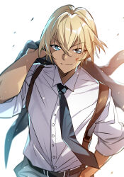  1boy amuro_tooru black_necktie blonde_hair blood blood_on_face blue_eyes commentary_request dark-skinned_male dark_skin grey_pants hand_in_another&#039;s_hair highres holding holding_clothes holding_jacket holster jacket male_focus meitantei_conan necktie pants senri_gan shoulder_holster sleeves_rolled_up smile solo upper_body 