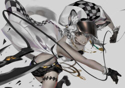  1girl 52976 animal_ear_fluff animal_ears arknights arms_up bandeau bare_arms bare_shoulders belt black_bandeau black_gloves black_shorts boots checkered_clothes checkered_headwear clenched_hand cliffheart_(arknights) coat gloves grey_eyes grey_hair hair_over_one_eye hat light_smile lips looking_at_viewer medium_hair midriff motion_blur open_clothes open_coat outstretched_arm parted_lips short_shorts shorts simple_background sleeveless sleeveless_coat snow_leopard_ears snow_leopard_girl snow_leopard_tail solo spotted_tail stomach strapless tail throwing twisted_torso weapon white_background 