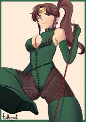  1girl artist_name bishoujo_senshi_sailor_moon boots breasts brown_hair cleavage dominatrix earrings elbow_gloves falkeart female_focus femdom fishnet_pantyhose fishnets from_below gloves gluteal_fold green_eyes green_gloves green_leotard green_thighhighs high_heel_boots high_heels highleg highleg_leotard holding holding_leash jewelry kino_makoto large_breasts leash leotard long_hair looking_at_viewer pantyhose ponytail sailor_jupiter signature solo thigh_boots thighhighs tiara  rating:Questionable score:44 user:Submissive_neko_man