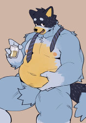  1boy 9x8bit absurdres alternate_body_size bandit_heeler bara belly belly_grab black_hair blue_fur bluey cup dog_boy facial_hair fur_censor furry furry_male head_tilt highres holding holding_cup large_hands large_pectorals male_focus mature_male muscular muscular_male necktie necktie_over_shoulder nude pectorals plump sanpaku seductive_smile short_hair sitting smile sparse_navel_hair spread_legs stomach stubble thick_arms thick_eyebrows thighs undone_necktie 