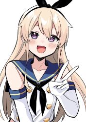  1boy bare_shoulders black_neckerchief blonde_hair blue_sailor_collar blush commentary_request cosplay crossdressing elbow_gloves fang gloves hair_between_eyes highres kantai_collection koni_suke long_hair looking_at_viewer male_focus neckerchief open_mouth original pink_eyes sailor_collar shimakaze-kun shimakaze_(kancolle) shimakaze_(kancolle)_(cosplay) shimakaze_(kantai_collection) simple_background sleeveless solo trap upper_body v white_background white_gloves 