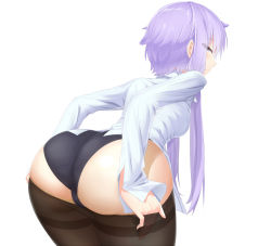 1girl abmayo ass black_panties black_pantyhose clothes_pull curvy half-closed_eyes highres huge_ass leaning_forward long_sleeves looking_back panties pantyhose pantyhose_pull purple_eyes purple_hair shirt short_hair_with_long_locks simple_background solo thighband_pantyhose twintails underwear undressing vocaloid voiceroid white_background white_shirt wide_hips yuzuki_yukari rating:Questionable score:162 user:danbooru