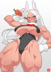  1girl abs absurdres alternate_costume animal_ear_fluff animal_ears asha black_leotard boku_no_hero_academia bow bowtie breast_curtains breasts carrot commentary_request covered_abs covered_erect_nipples cowboy_shot dark_skin from_below gloves grin highres holding holding_carrot large_breasts leotard long_hair looking_at_viewer mirko muscular muscular_female rabbit_ears rabbit_girl red_bow red_bowtie red_eyes simple_background smile solo tan white_background white_gloves 