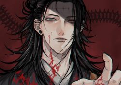  1boy absurdres bad_id bad_pixiv_id black_hair black_kimono blood blood_on_clothes blood_on_face blood_on_hands ear_piercing getou_suguru grey_eyes hand_up highres japanese_clothes jennyandloiryan jujutsu_kaisen kimono long_hair looking_at_viewer male_focus parted_lips piercing portrait red_background red_eyes solo stitches  rating:Sensitive score:3 user:danbooru