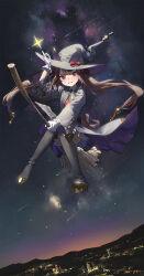  1girl absurdres black_footwear black_headwear black_robe boots bow broom brown_hair c2h6o commentary full_body gloves hair_rings hat hat_bow highres horse_girl long_hair looking_at_viewer pointing pointing_up purple_eyes robe shooting_star solo star_(sky) sweep_tosho_(umamusume) thigh_boots twintails umamusume white_gloves witch_hat  rating:General score:4 user:danbooru