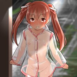  1girl blush brown_eyes brown_hair female_focus flat_chest furaggu_(frag_0416) hair_ornament highres kantai_collection libeccio_(kancolle) loli looking_at_viewer naked_raincoat nipples nude outdoors rain raincoat see-through smile solo standing twintails 
