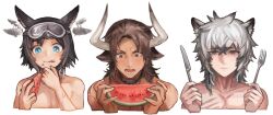  3boys animal_ears arknights black_hair blue_eyes brown_eyes brown_hair buchi0122 commentary_request courier_(arknights) cow_boy cow_horns deer_boy deer_ears food food_on_face fork fruit goggles goggles_on_head grey_eyes grey_hair highres holding holding_food holding_fork holding_knife holding_watermelon horns infection_monitor_(arknights) knife leopard_boy leopard_ears looking_at_food male_focus matterhorn_(arknights) multicolored_hair multiple_boys multiple_scars muscular muscular_male open_mouth pectorals scar scar_on_arm scar_on_chest silverash_(arknights) tongue tongue_out topless_male upper_body watermelon watermelon_seeds white_background 