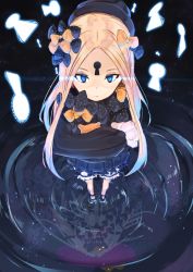 1girl abigail_williams_(fate) black_bow black_dress black_footwear black_hat blonde_hair bloomers blue_eyes bow bug butterfly closed_mouth commentary_request different_reflection dress fate/grand_order fate_(series) hair_bow hat highres hugging_object insect keyhole long_hair long_sleeves orange_bow parted_bangs polka_dot polka_dot_bow reflection ripples shoes sleeves_past_fingers sleeves_past_wrists solo standing stuffed_animal stuffed_toy tapioka_(oekakitapioka) teddy_bear tentacles underwear very_long_hair white_bloomers rating:Sensitive score:3 user:danbooru