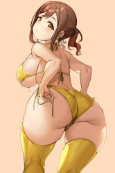 1girl alternate_breast_size alternate_hairstyle ass bikini breasts brown_hair from_behind highres kunikida_hanamaru large_breasts looking_at_viewer looking_back love_live! love_live!_sunshine!! shiny_skin short_hair short_twintails side-tie_bikini_bottom simple_background solo standing swimsuit tem10 thighhighs thighs twintails underboob yellow_bikini yellow_eyes yellow_thighhighs rating:Sensitive score:183 user:danbooru