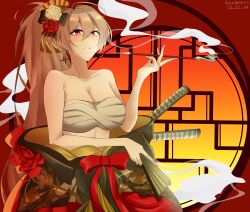  1girl absurdres artist_name azur_lane bare_shoulders bow breasts brown_hair chest_sarashi cleavage collarbone dated earrings floral_print flower hair_between_eyes hair_bow hair_flower hair_ornament hair_ribbon hand_fan high_ponytail highres holding holding_fan holding_smoking_pipe indoors japanese_clothes jean_bart_(azur_lane) jean_bart_(first_snow_upon_the_cutlass&#039;s_edge)_(azur_lane) jewelry katana kimono kiseru large_breasts long_hair long_sleeves looking_at_viewer mondsien obi off_shoulder official_alternate_costume open_clothes open_kimono parted_lips ponytail print_kimono red_background red_bow red_eyes red_flower red_rose ribbon rose round_window sarashi sash sheath sheathed sidelocks single_earring smile smoke smoking smoking_pipe solo sword upper_body very_long_hair weapon wide_sleeves window  rating:Sensitive score:6 user:Denliner27