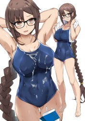  1girl armpits arms_behind_head arms_up bare_shoulders barefoot black-framed_eyewear blue_one-piece_swimsuit blush breasts brown_eyes brown_hair collarbone covered_navel earrings fate/grand_order fate_(series) full_body glasses highres jewelry large_breasts long_hair looking_at_viewer milk milk_carton multiple_earrings multiple_views naha78 one-piece_swimsuit open_mouth simple_background suggestive_fluid swimsuit thighs very_long_hair white_background yu_mei-ren_(fate) yu_mei-ren_(first_ascension)_(fate)  rating:Sensitive score:130 user:danbooru