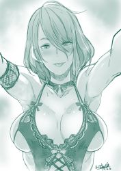  10s 1girl 2019 :p armlet arms_up artist_name bikini breasts breasts_apart butcha-u cleavage dated dead_or_alive dead_or_alive_xtreme_venus_vacation highres kabedon large_breasts lingerie looking_at_viewer medium_breasts mole mole_under_eye monochrome naughty_face outstretched_arms pov revealing_clothes short_hair sideboob sweat swimsuit tamaki_(doa) tongue tongue_out underboob underwear upper_body  rating:Sensitive score:35 user:Omanko-wa