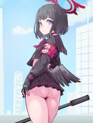1girl ass black_hair blue_archive gun halo highres looking_at_viewer mashiro_(blue_archive) no_panties purple_eyes red_halo school_uniform short_hair sirachi solo standing thighs weapon rating:Explicit score:52 user:buster2222