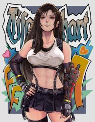  1girl breasts brown_eyes brown_hair final_fantasy final_fantasy_vii final_fantasy_vii_remake fingerless_gloves gloves highres large_breasts legs long_hair looking_at_viewer midriff navel skirt smile solo square_enix suspenders tank_top thighs tifa_lockhart toned 