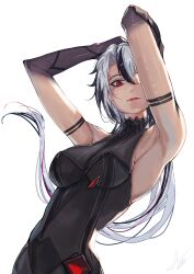  1girl absurdres alternate_eye_color arlecchino_(genshin_impact) armpits arms_up arnkun black_bodysuit black_hair black_hands bodysuit breasts closed_mouth commentary english_commentary genshin_impact grey_hair hair_between_eyes highres large_breasts long_hair looking_at_viewer low_ponytail multicolored_hair one_eye_covered red_eyes red_hair red_pupils solo streaked_hair symbol-shaped_pupils very_long_hair white_background x-shaped_pupils 
