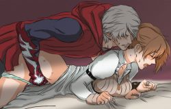 00s 1boy 1girl bed capcom closed_eyes clothed_sex clothing_aside couple devil_may_cry devil_may_cry_(series) devil_may_cry_4 dress grey_hair happy_sex hetero kuro@tokuni_yon_de_nai kyrie_(devil_may_cry) natsu_yasai nero_(devil_may_cry) open_mouth orange_hair panties panties_aside sex short_hair sweat underwear