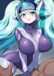 1boy 1girl black_bodysuit bodysuit breasts closed_mouth covered_collarbone dark-skinned_male dark_skin dj_sona english_text gradient_background green_eyes green_hair grey_background grey_bodysuit highres large_breasts league_of_legends long_hair shiny_clothes shiny_skin smile sona_(league_of_legends) strongbana twintails watermark web_address 
