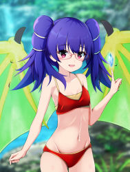 1girl absurdres bikini blurry blurry_background blush cowboy_shot crystal dragon_girl dragon_wings dragonstone fire_emblem fire_emblem:_the_sacred_stones flat_chest floral_print gem glasses glowing gold_trim green_wings hair_tie hand_up highres honma_(honmatomohiro) long_hair looking_at_viewer midriff multi-tied_hair myrrh_(fire_emblem) navel nintendo open_mouth pale_skin pointing purple_hair red_bikini red_eyes shiny_skin smile solo standing stone swimsuit thigh_gap thighs twintails wings yellow_wings rating:Sensitive score:4 user:PokaraNoOobabasama