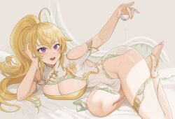  1girl :d ahoge alcohol alternate_costume blonde_hair breasts china_dress chinese_clothes choko_(cup) cleavage cleavage_cutout clothing_cutout cup dress elbow_rest gold_trim high_ponytail highres large_breasts long_hair lying on_side open_mouth pelvic_curtain pouring pouring_onto_self purple_eyes revision rwby sake short_sleeves smile solo stirrup_legwear thighhighs toeless_legwear wangxiii yang_xiao_long 