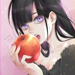  1girl apple artist_name black_dress black_hair blunt_bangs breasts cleavage commentary_request dated dress eebe eyelashes fingernails floral_print_dress food fruit hair_between_eyes hand_up holding holding_food holding_fruit long_hair looking_at_viewer looking_to_the_side nail_polish nose off-shoulder_dress off_shoulder open_mouth original pink_background plant_print portrait print_dress purple_eyes purple_nails sideways_glance signature solo straight_hair swept_bangs teeth upper_teeth_only 