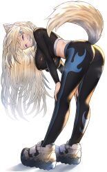  1girl absurdres alternate_costume animal_ear_fluff animal_ears arm_support ass bandaid bandaid_hair_ornament bent_over black_pants blonde_hair breasts closed_mouth colored_tips covered_navel crop_top dog_ears dog_girl dog_tail flame_print from_side full_body fuwawa_abyssgard gradient_hair hair_ornament hands_on_own_knees hanging_breasts highres hololive hololive_english honkivampy impossible_clothes large_breasts long_hair long_sleeves looking_at_viewer looking_to_the_side midriff multicolored_footwear multicolored_hair pants pantylines pink_eyes shiny_clothes shoes simple_background smile sneakers solo tail tight_clothes tight_pants tight_top virtual_youtuber white_background workout_clothes 